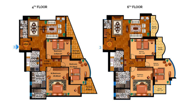 Apartment 3C Total area 218 m<sup>2</sup> to 227 m<sup>2</sup>